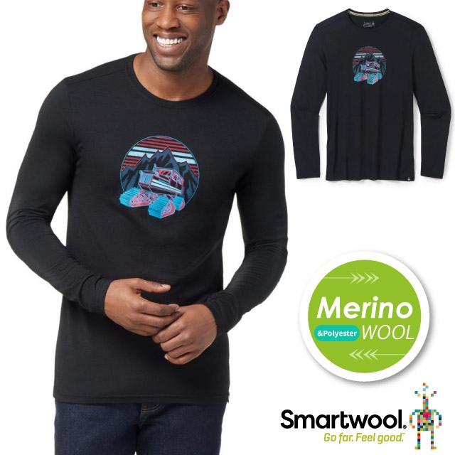 【美國 SmartWool】男 美麗諾羊毛控溫圓領長袖塗鴉T恤(鏟雪車)/SW016682-001 黑色✿30E010